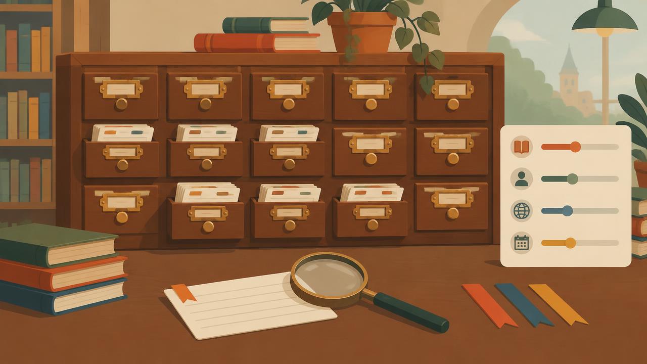 Card catalog with magnifying glass and filters