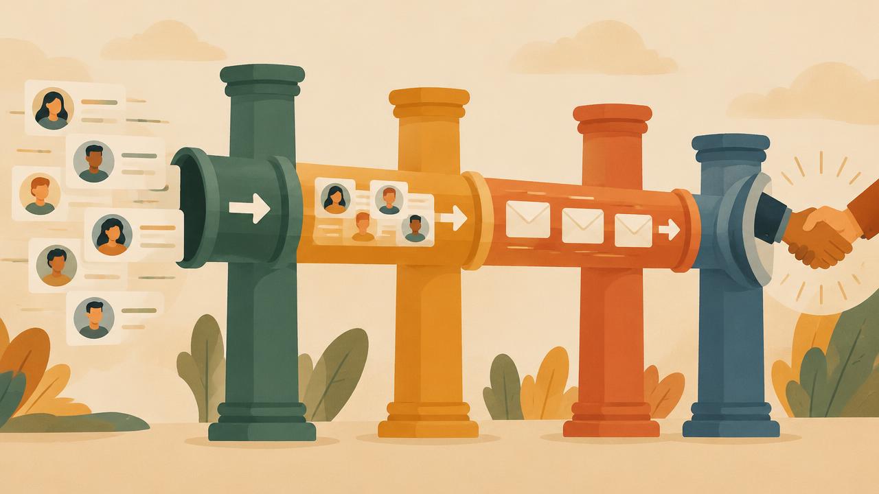 Contact cards moving through a pipeline to a handshake