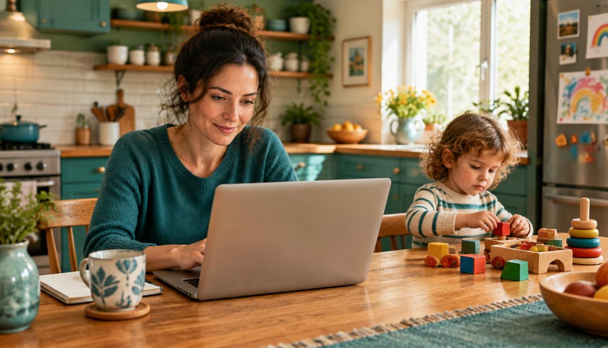 A mother working on a laptop at the kitchen table while her child plays beside her