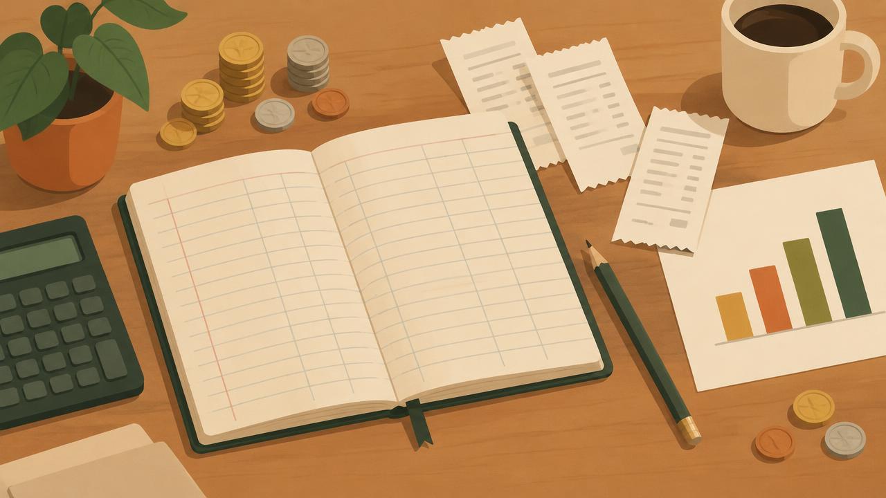 Ledger, coins, receipts and a bar chart