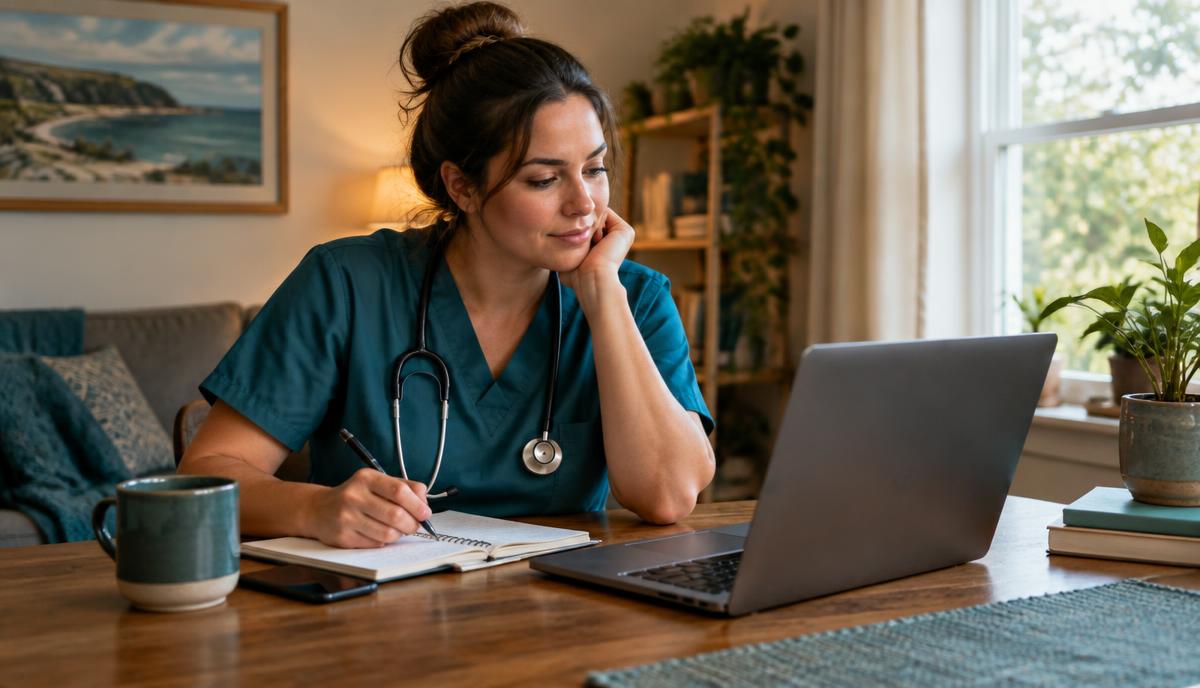 A nurse in scrubs planning her next step at a home desk with a laptop and notebook