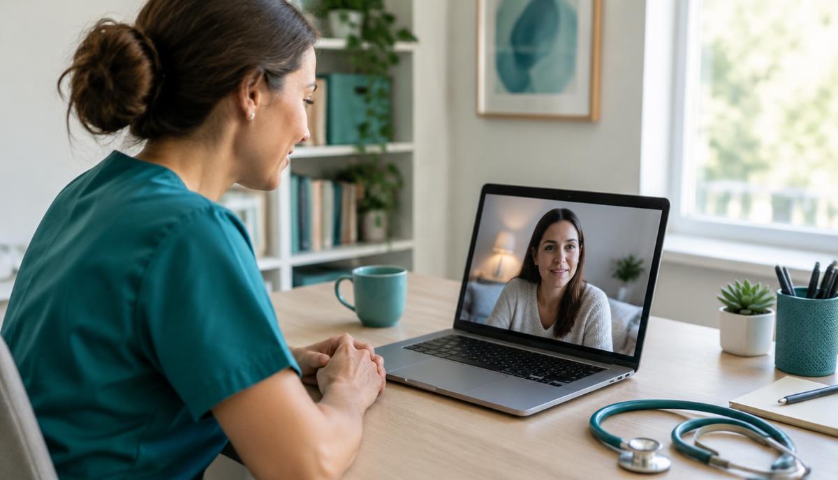 A nurse consulting with a client over a video call from her home office