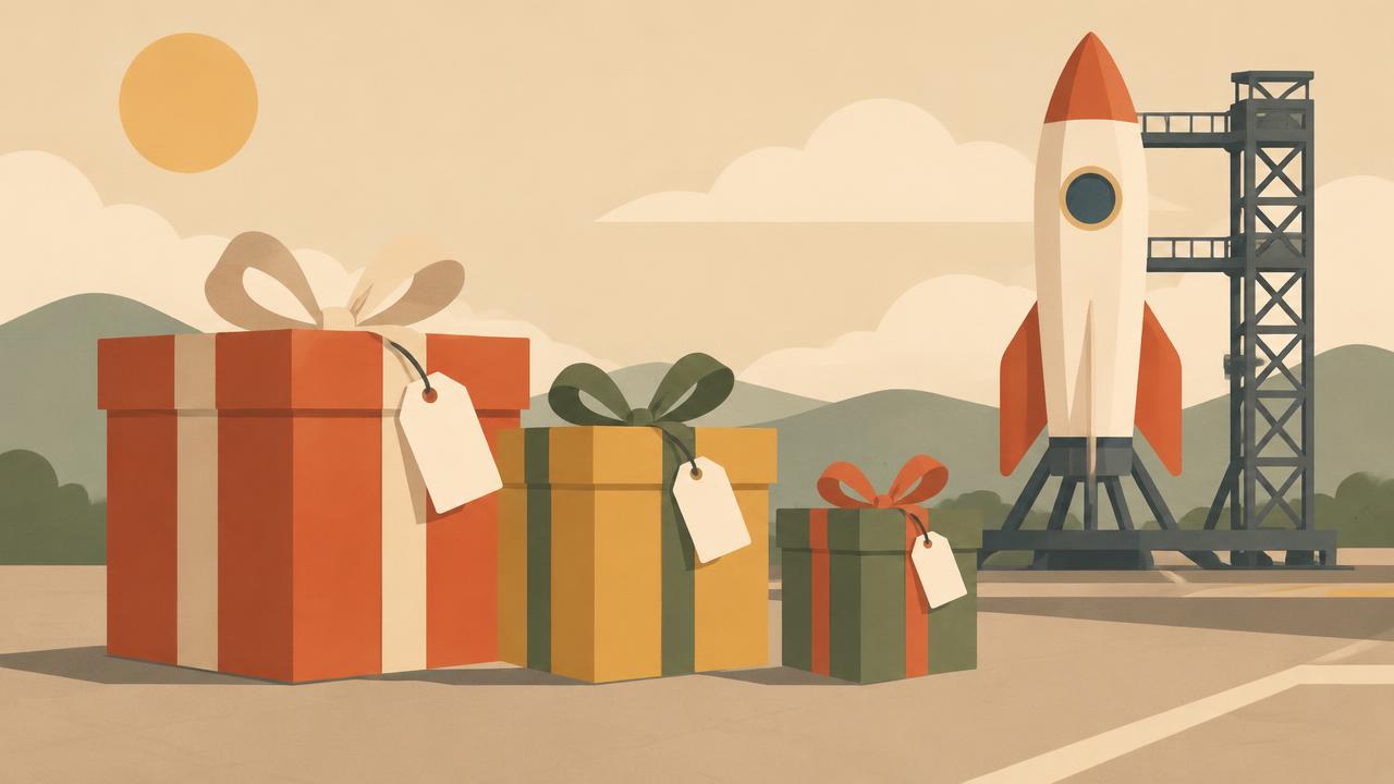 Three gift boxes with price tags beside a rocket