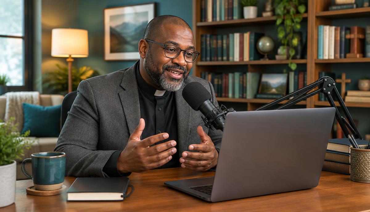 A pastor recording an online teaching session with a microphone and laptop