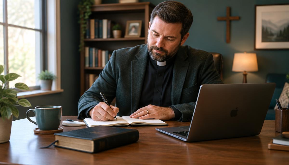 A pastor writing in a notebook at his church office desk beside a laptop