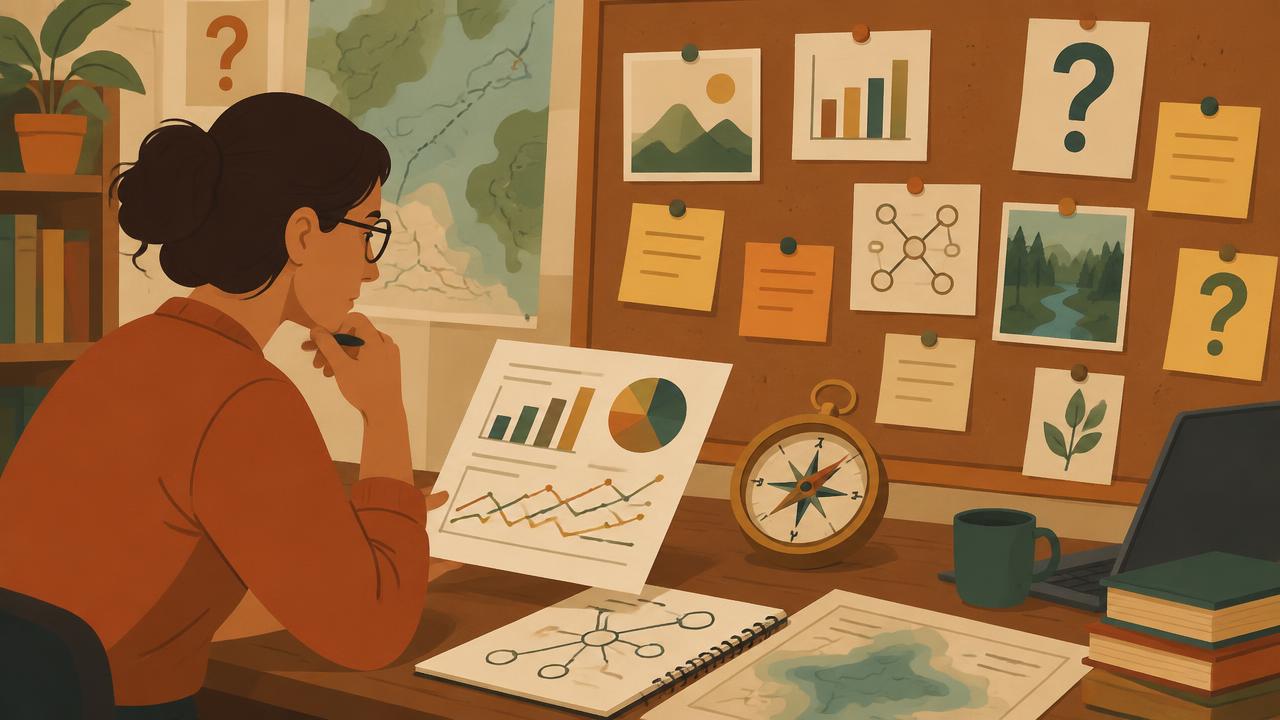 Researcher studying charts and notes