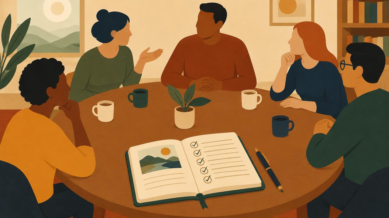 Group of advisors around a table with a review journal