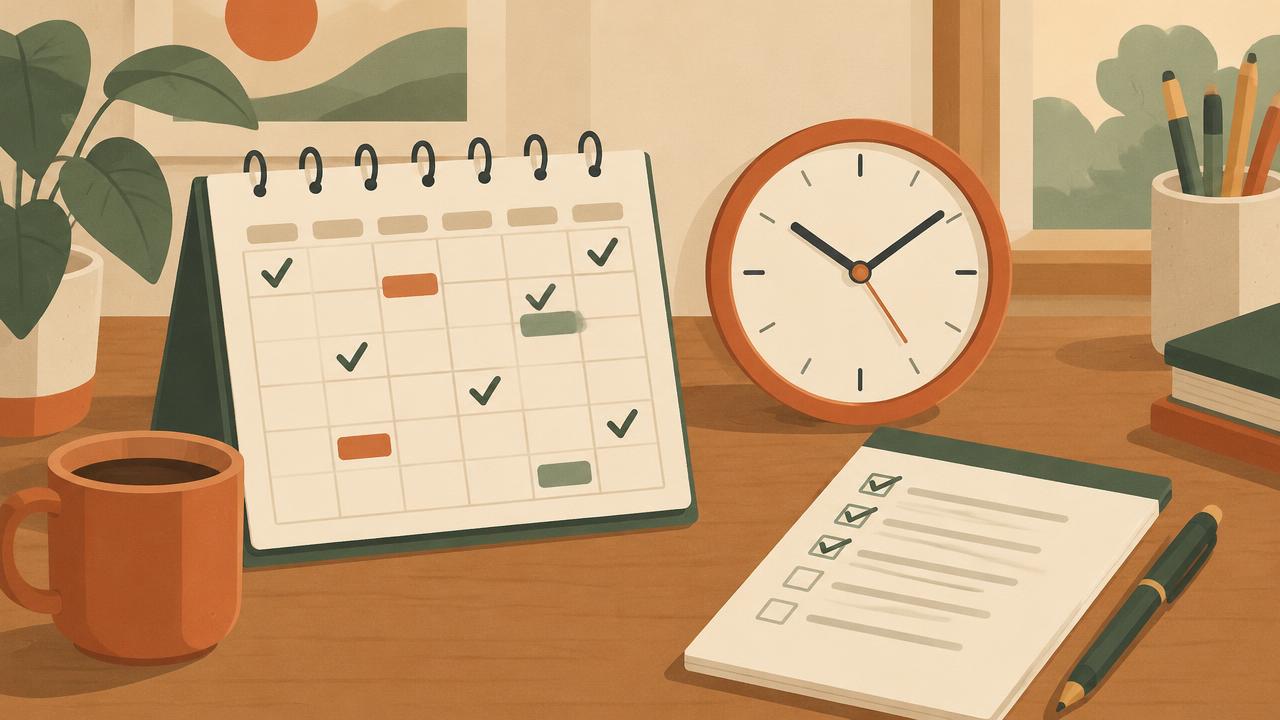 Calendar with checked tasks and a clock
