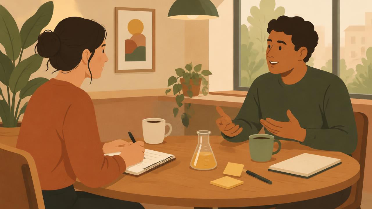 Two people talking over coffee with notes